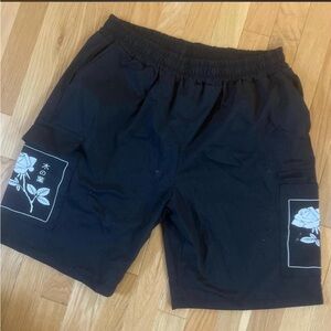 Black Shorts with White Rose Patches